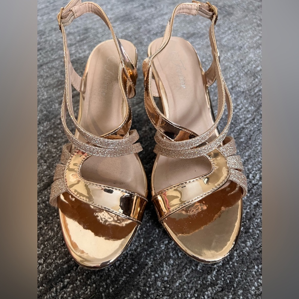 Rose Gold and Glitter Platform Wedge Sandal Size 7.5